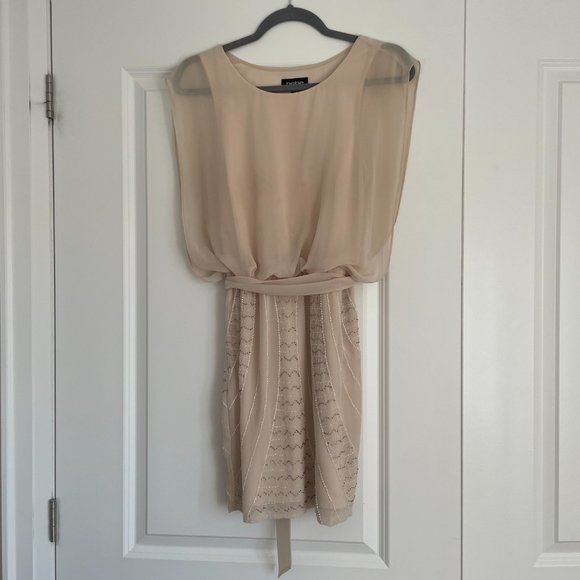 Bebe - Beaded Embroidered Mini Dress with Tie Waist in Champagne - Size S - Picture 7 of 9